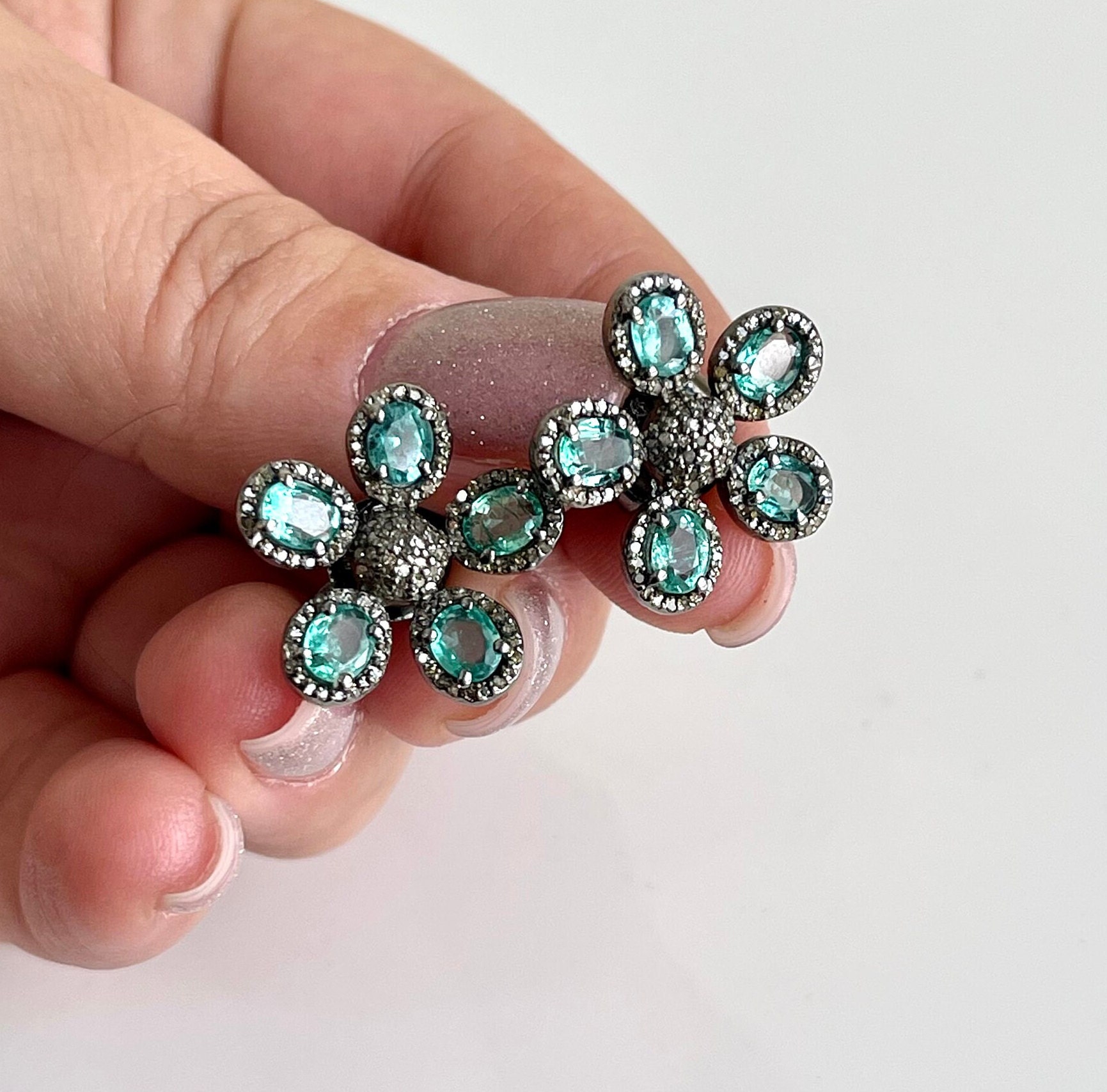 Green Tourmaline And Diamond Flower Earrings, October Birthstone, Tourmaline Stud Floral Posts With Pave Diamond Oxidized Silver, Mom Gift