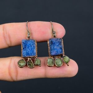 Blue Druzy Earrings, Green Tourmaline, Electroformed Copper Jewelry