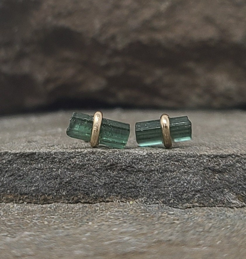 Blue Tourmaline Stud Earrings, Gold Indicolite Tourmaline Earrings, Blue Green Tourmaline Studs, Stone October Birthstone Jewelry Women Gift