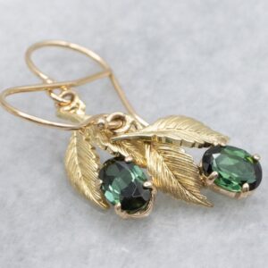 Botanical Green Tourmaline and Gold Leaf Drop Earrings