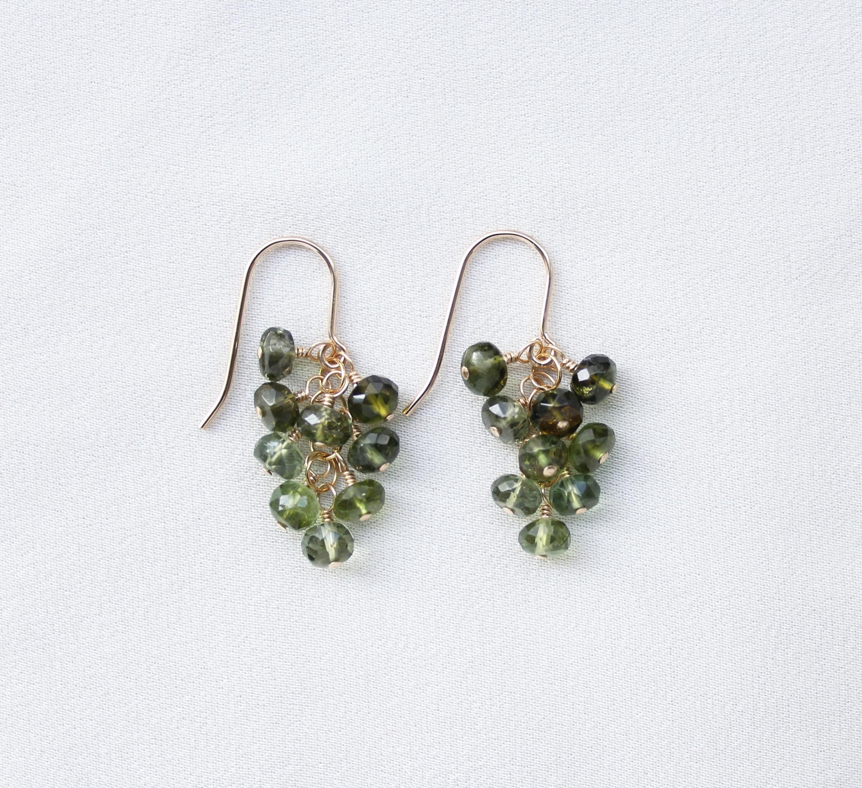 Green Tourmaline Cluster Earrings: 14k Gold Filled, Natural Gemstone, October Birthstone