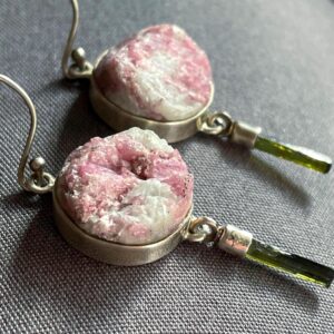 Tourmaline Crystal Duo Earrings, Handmade with Raw Natural Pink and Green Tourmaline & Solid Sterling Silver, Chunky Crystal Earrings