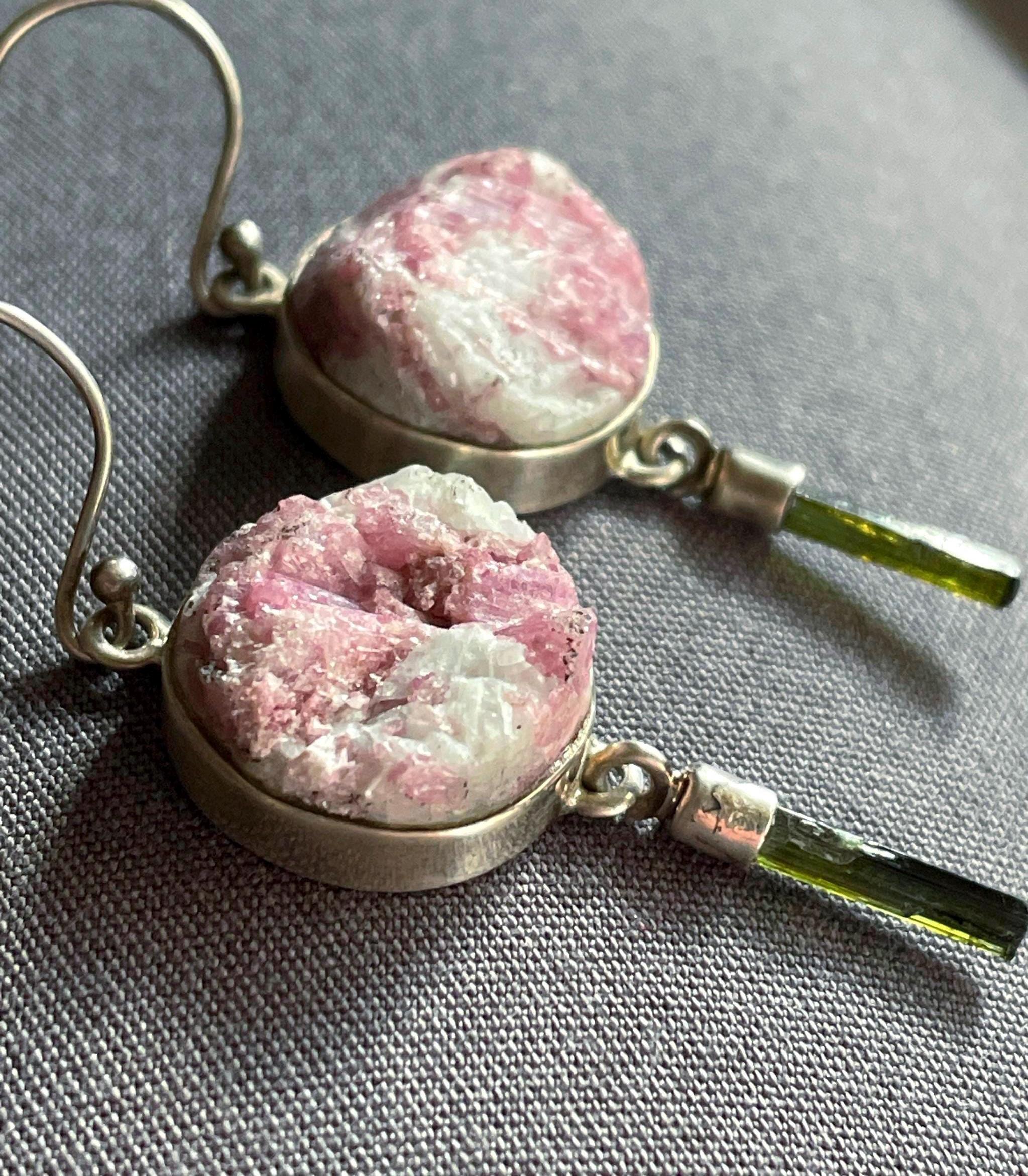 Tourmaline Crystal Duo Earrings, Handmade With Raw Natural Pink And Green Tourmaline & Solid Sterling Silver, Chunky Crystal Earrings