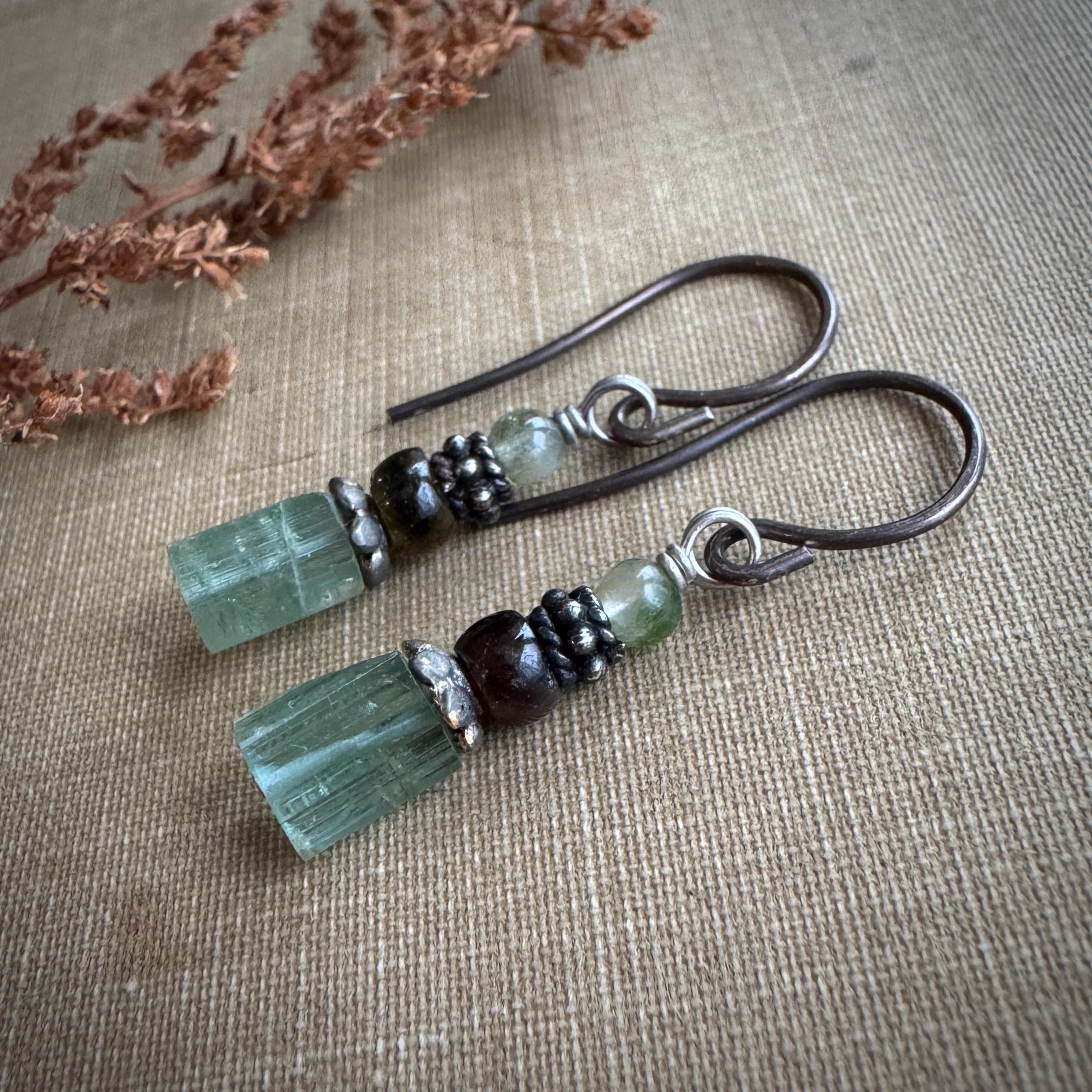 Green Tourmaline Crystal Earrings On Dark Oxidized Sterling Silver