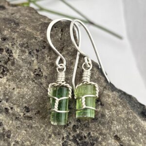 Green Tourmaline Crystal Earrings: Sterling Silver Wire Wrap Jewelry With Natural Raw Tourmaline