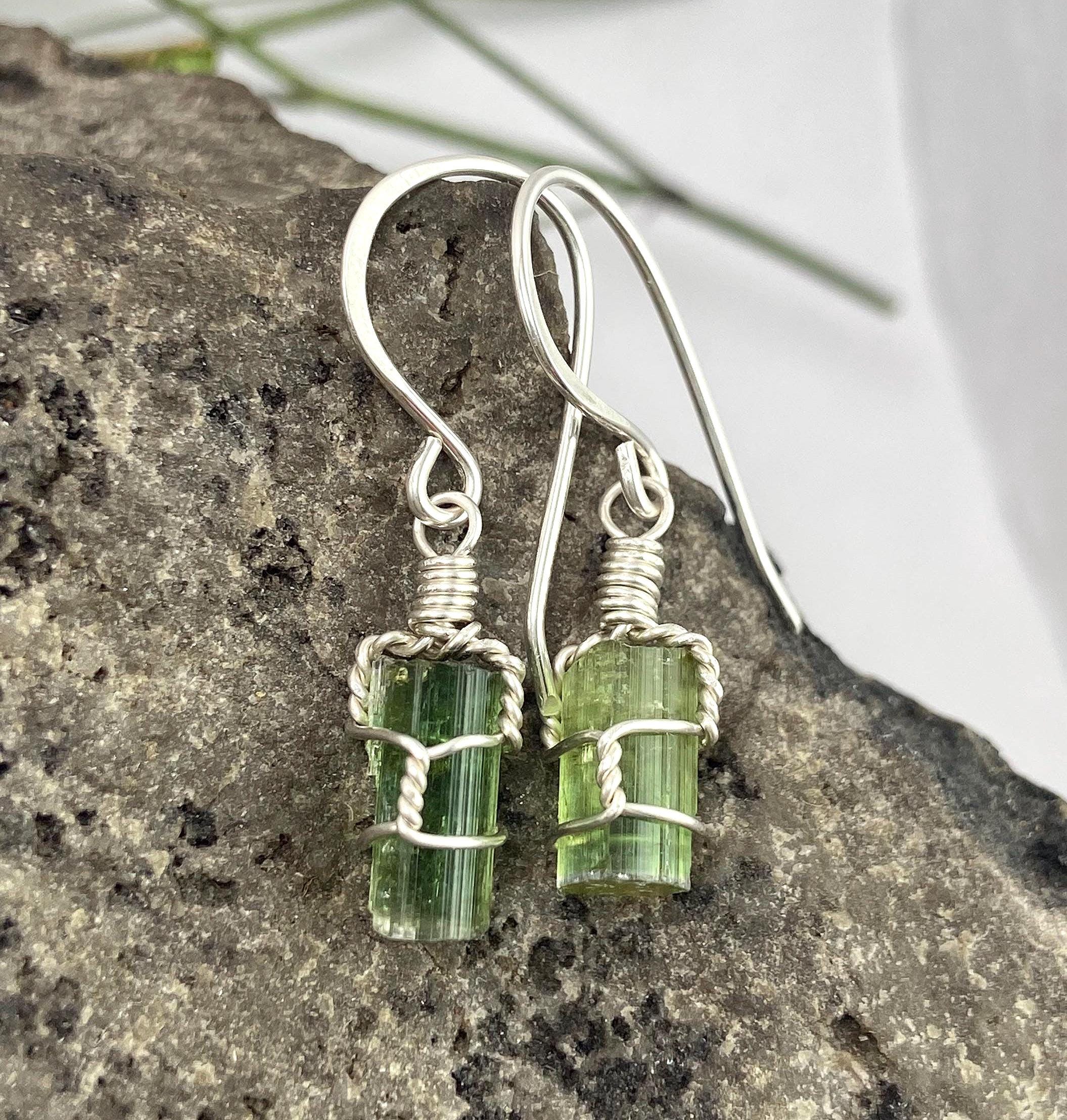 Green Tourmaline Crystal Earrings: Sterling Silver Wire Wrap Jewelry With Natural Raw Tourmaline