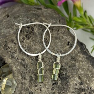 Green Tourmaline Crystal Sterling Silver Hoop Earrings: Handmade Boho Jewelry