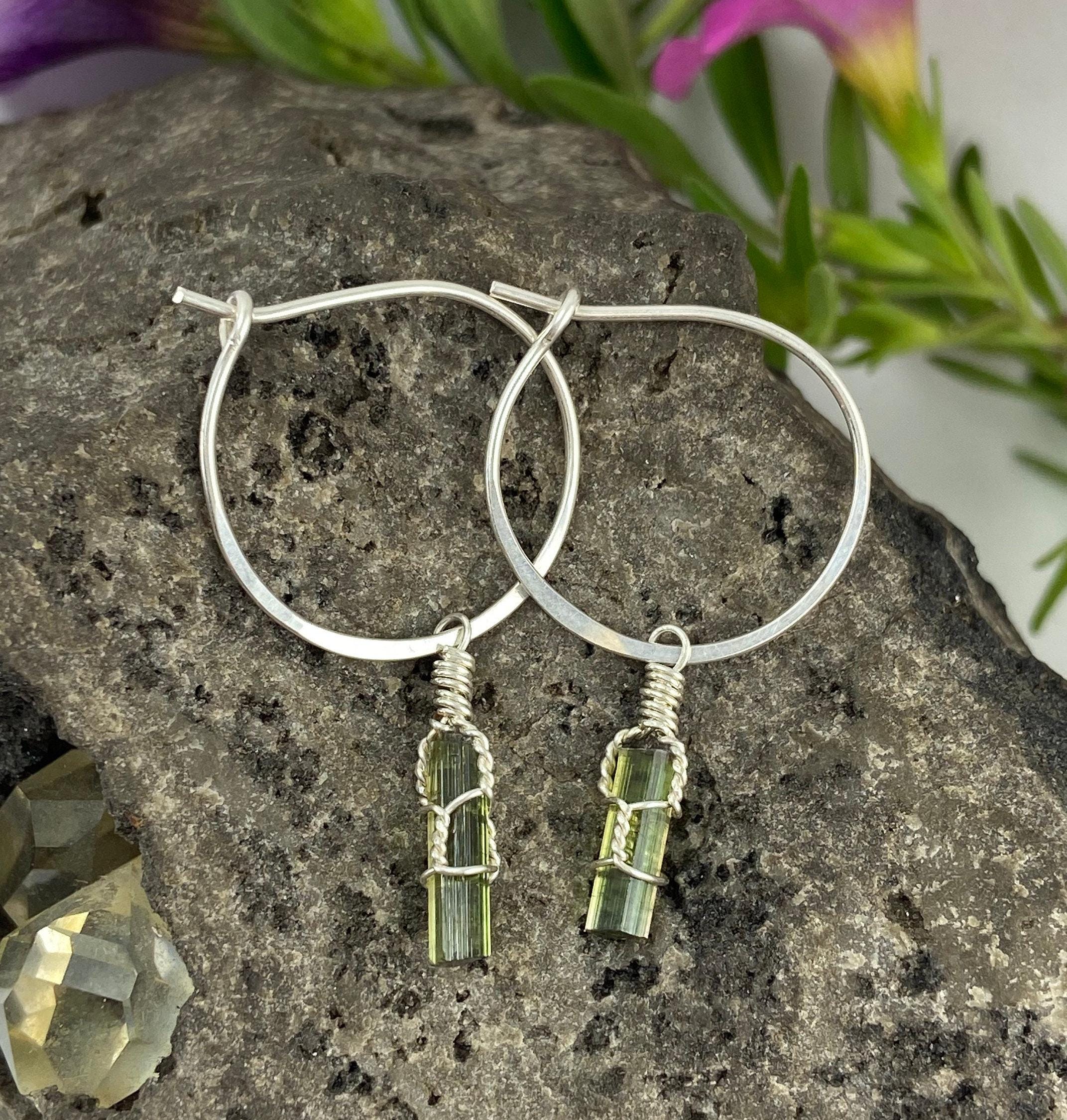 Green Tourmaline Crystal Sterling Silver Hoop Earrings: Handmade Boho Jewelry Green Tourmaline Crystal Sterling Silver Hoop Earrings: Handmade Boho Jewelry
