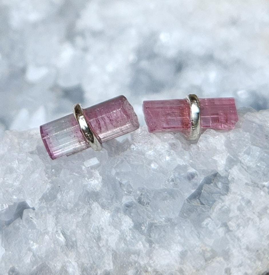 Tourmaline Crystal Stud Earrings, Mismatched Studs, Pink Green Tourmaline Earrings, Silver Raw Stone Jewelry October Birthstone Womens Gift