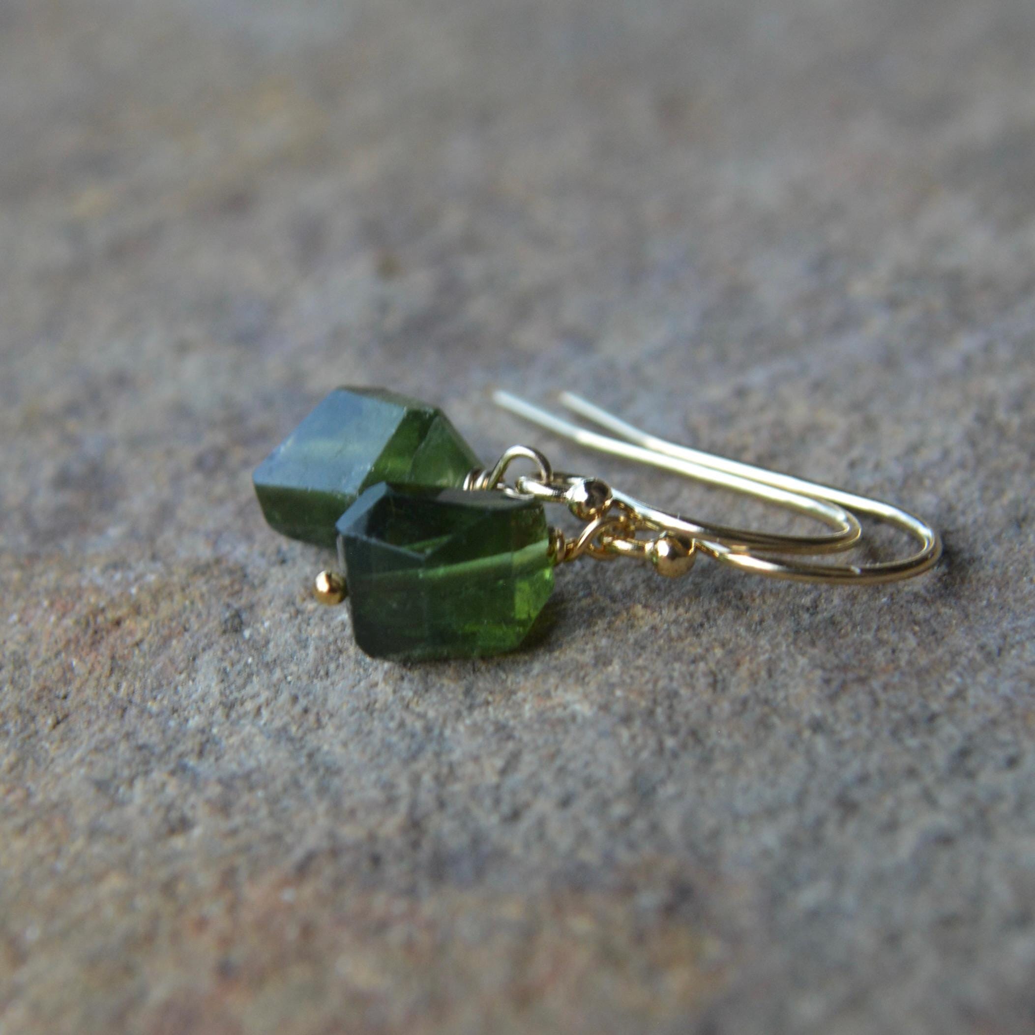 Deep Green Tourmaline Dangle Earrings Gold Deep Green Tourmaline Dangle Earrings Gold