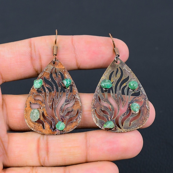 Green Tourmaline Earrings, Electroformed Copper, Handmade Jewelry Green Tourmaline Earrings, Electroformed Copper, Handmade Jewelry