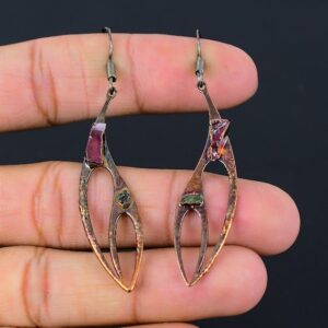 Electroformed Copper Earrings: Pink & Green Tourmaline, Handmade Jewelry