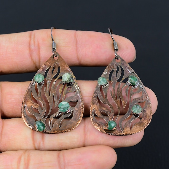 Handmade Copper Electroformed Green Tourmaline Earrings