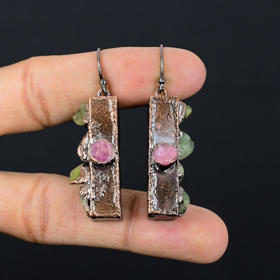 Handmade Copper Electroformed Pink & Green Tourmaline Earrings Handmade Copper Electroformed Pink & Green Tourmaline Earrings