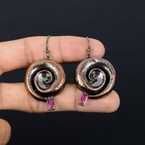Handmade Pink & Green Tourmaline Copper Earrings, Electroformed Jewelry
