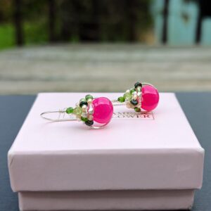 Hot pink chalcedony green tourmaline artisan earrings in sterling silver, small fuchsia gemstone circle hooks