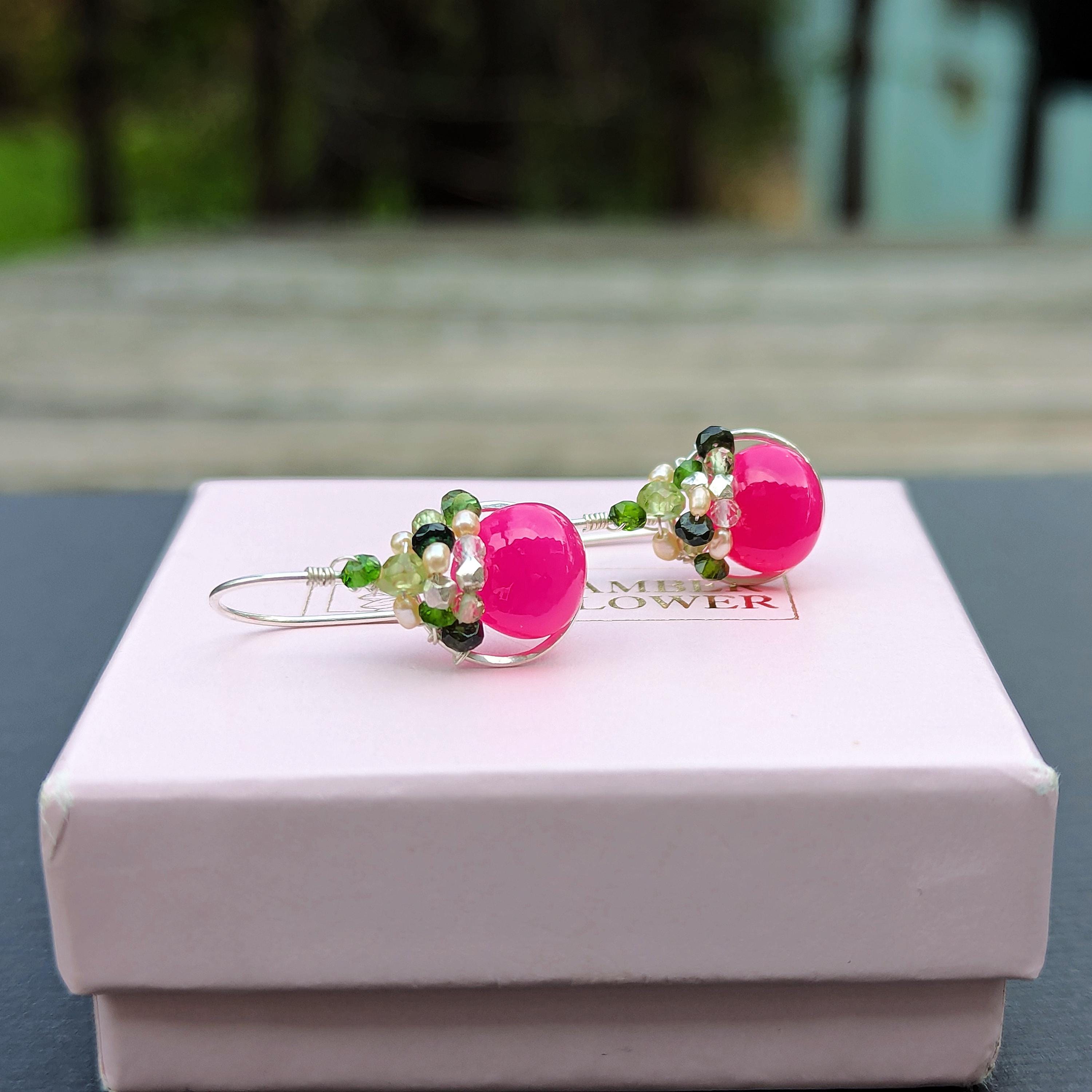 Hot Pink Chalcedony Green Tourmaline Artisan Earrings In Sterling Silver, Small Fuchsia Gemstone Circle Hooks