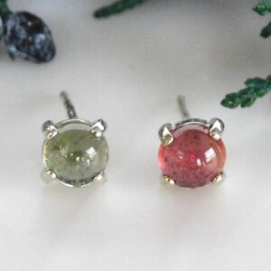 Natural Pink Green Tourmaline 5mm Stud Earrings: Sterling Silver, October Birthstone