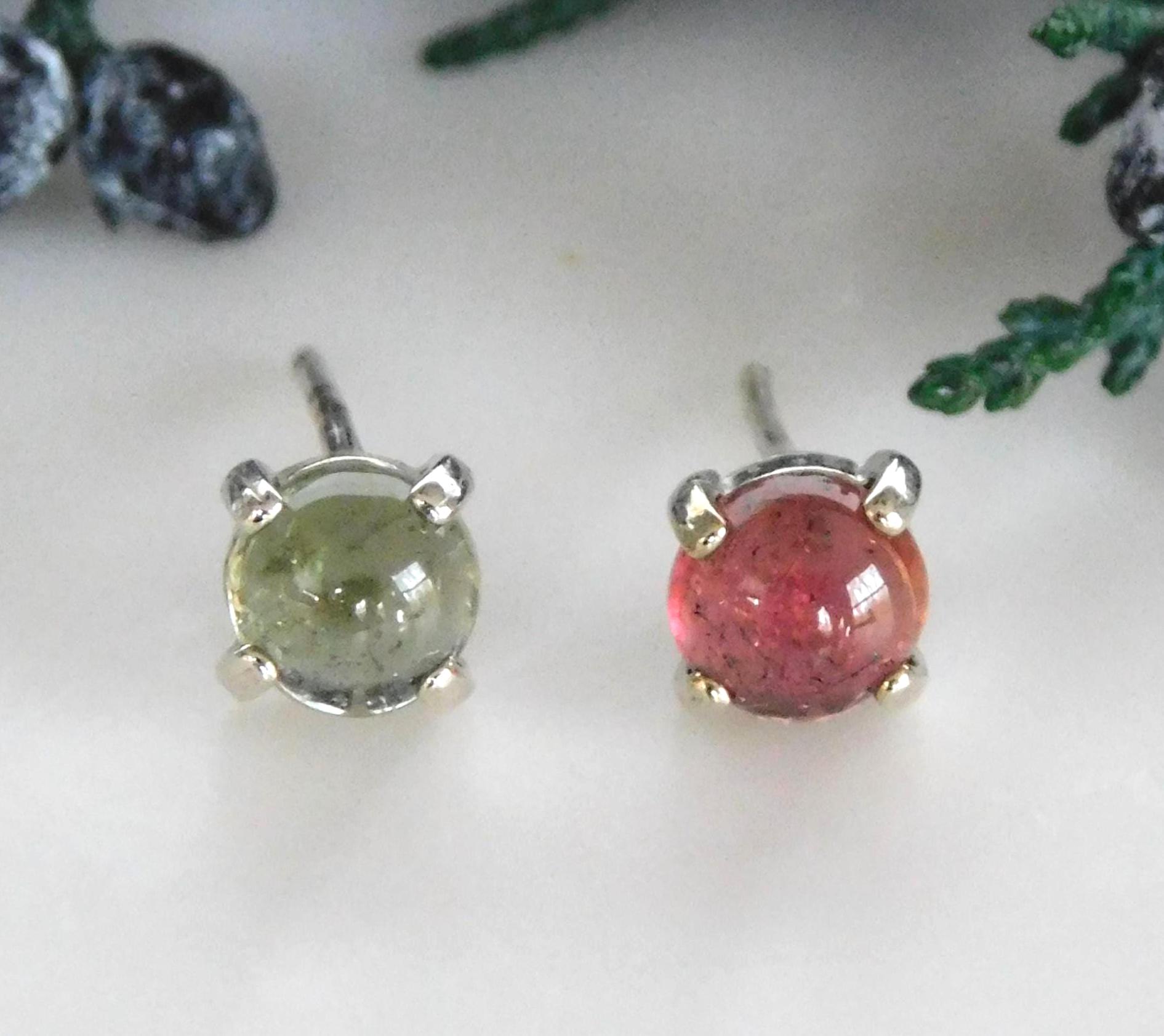 Natural Pink Green Tourmaline 5mm Stud Earrings: Sterling Silver, October Birthstone