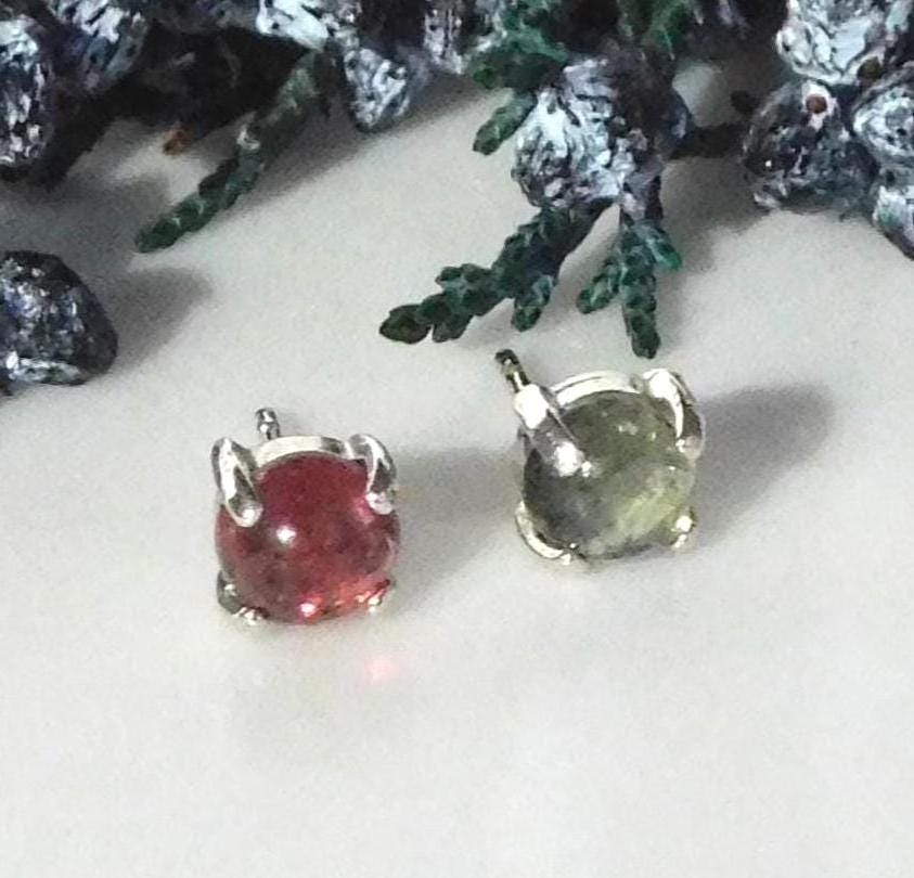 Natural Pink & Green Tourmaline 5mm Stud Earrings: Sterling Silver, October Birthstone