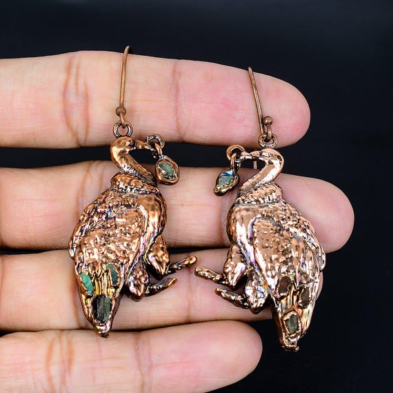 Green Tourmaline Peacock Earrings, Electroformed Copper Jewelry