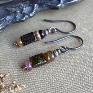 Pink and Green Tourmaline Bead Stack Earrings on Dark Oxidized Sterling Silver