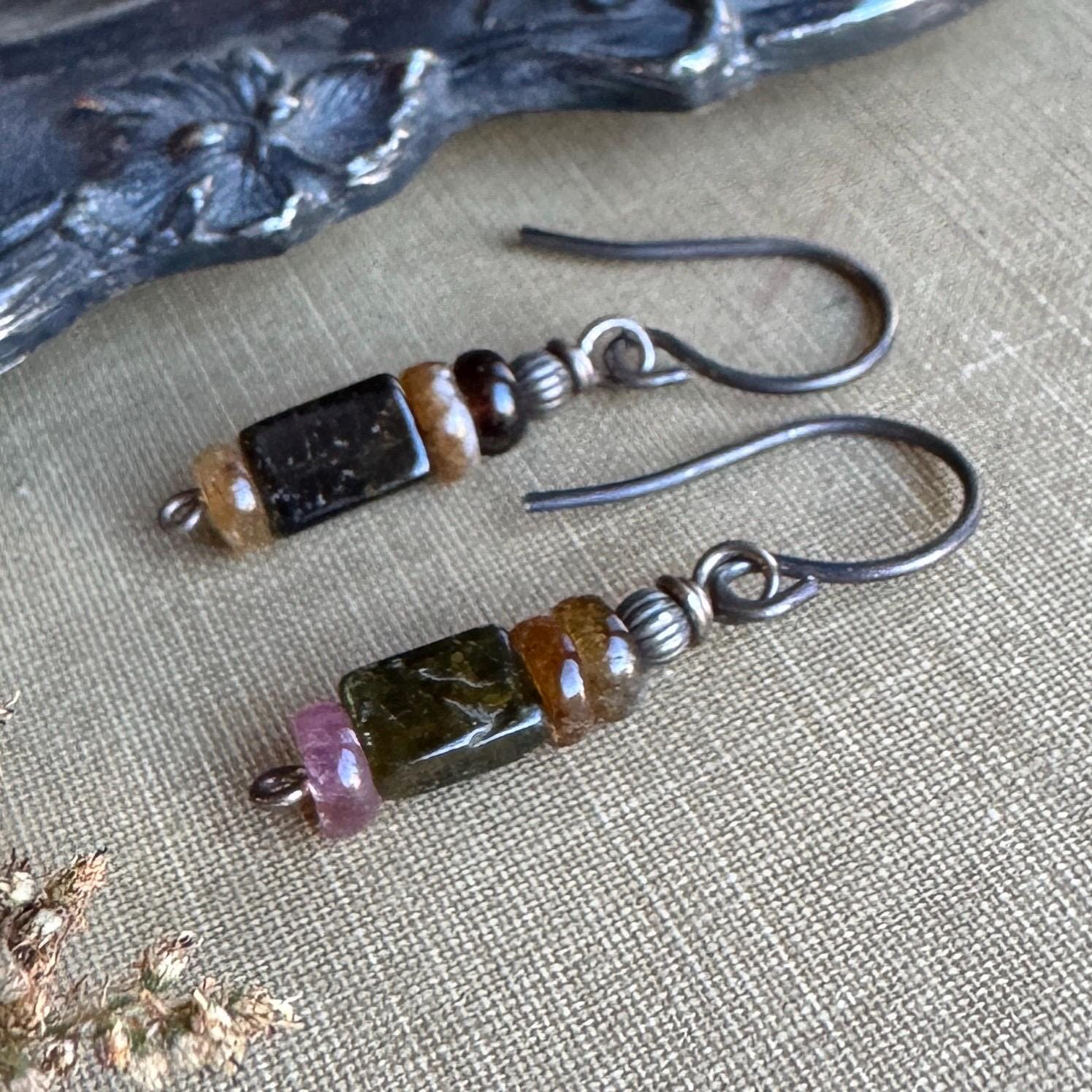 Pink And Green Tourmaline Bead Stack Earrings On Dark Oxidized Sterling Silver Pink And Green Tourmaline Bead Stack Earrings On Dark Oxidized Sterling Silver
