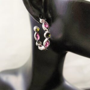 Pink And Green Tourmaline Hoop Earrings - Mixed Shape - Sterling Silver Gemstone Hoop Stud Earrings