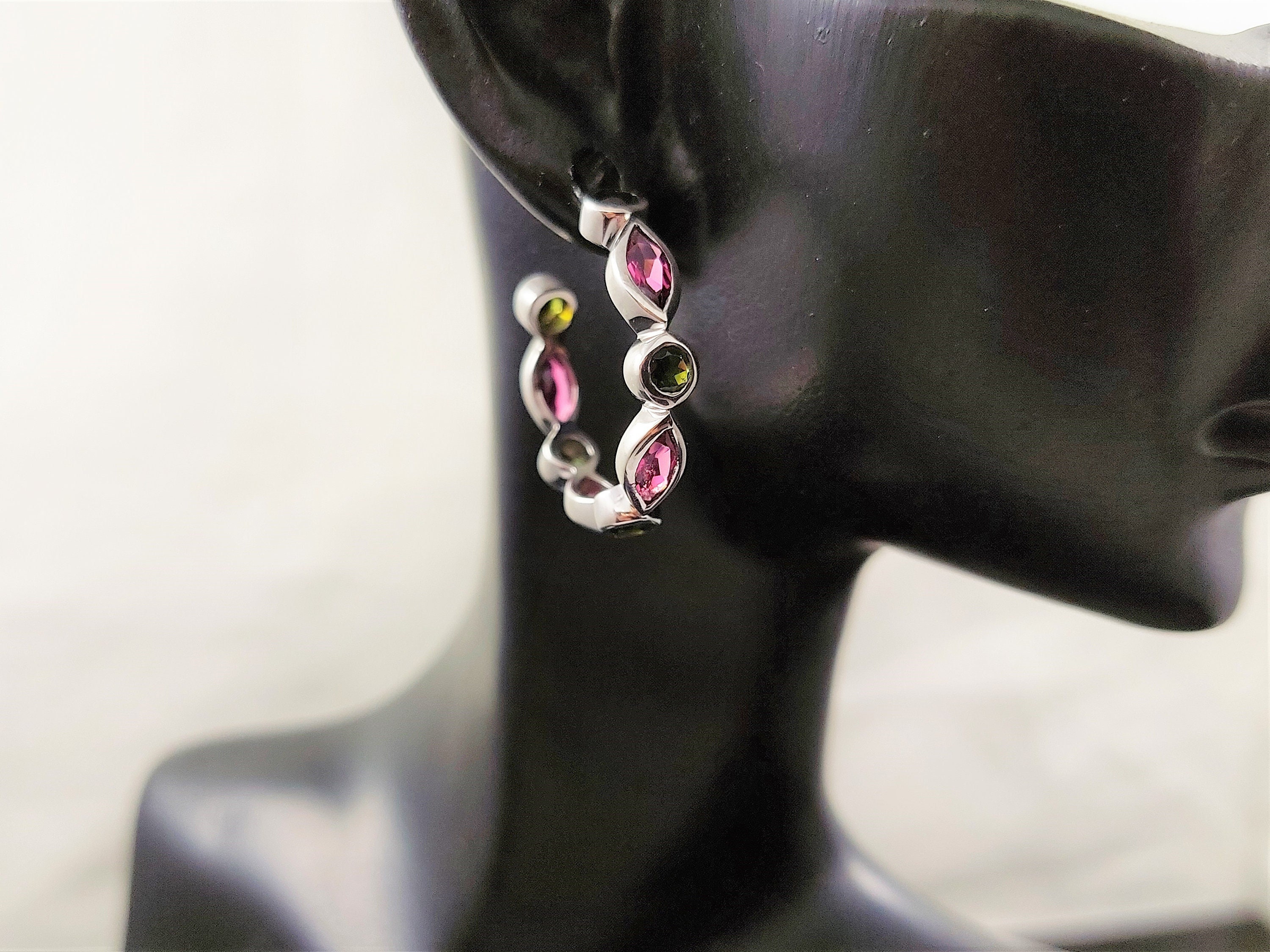 Pink And Green Tourmaline Hoop Earrings - Mixed Shape - Sterling Silver Gemstone Hoop Stud Earrings