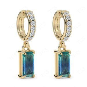 Radiant Cut Green Blue Tourmaline Earrings For Women Art Deco Gemstone Hoop Earrings 14k Gold Blue Green Tourmaline Earrings Gift For Her