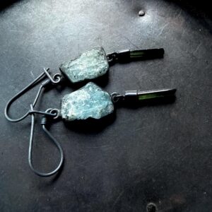 Rough aquamarine earrings, green tourmaline earrings, March birthstone earrings, dangle earrings