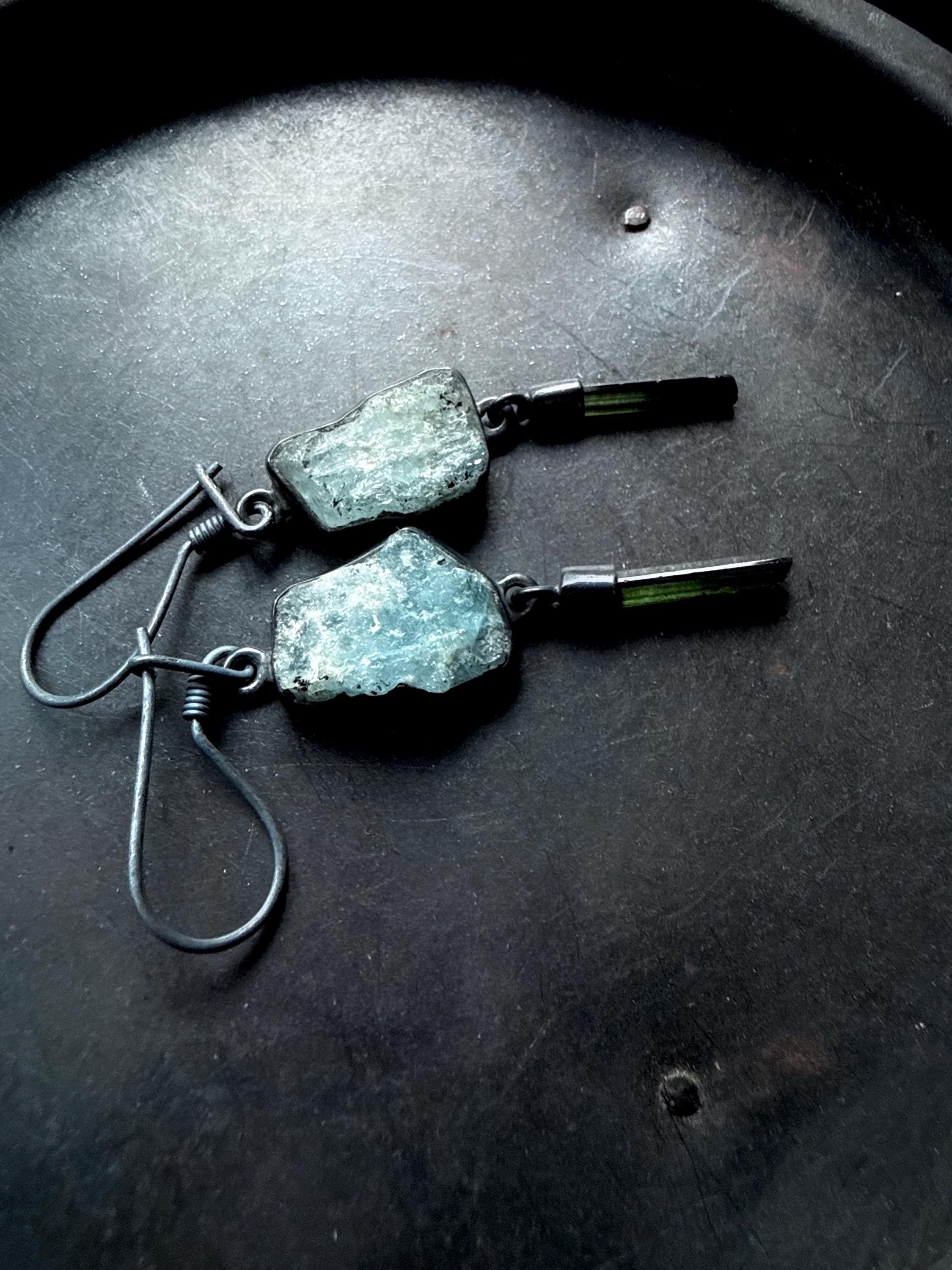 Rough Aquamarine Earrings, Green Tourmaline Earrings, March Birthstone Earrings, Dangle Earrings