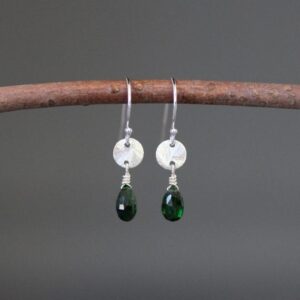 Green Tourmaline Earrings - Silver Link Earrings - Wire Wrapped - Green and Silver - Simple Earrings - Brushed Silver - Gemstone Earrings