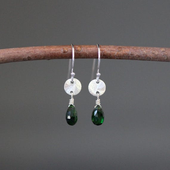 Green Tourmaline Earrings - Silver Link Earrings - Wire Wrapped - Green And Silver - Simple Earrings - Brushed Silver - Gemstone Earrings