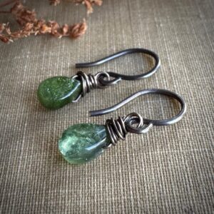 Tiny Green Tourmaline Earrings on Dark Sterling Silver