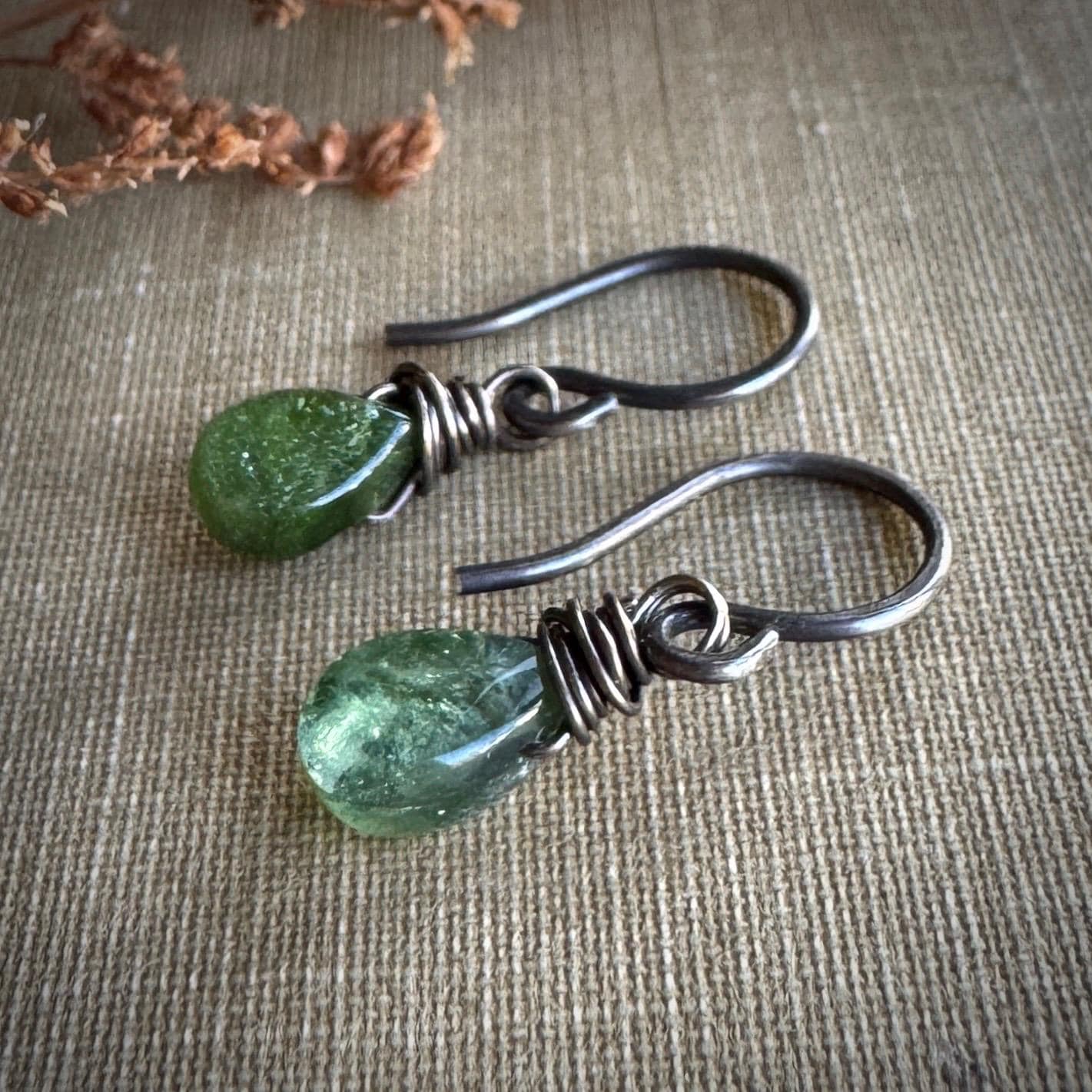Tiny Green Tourmaline Earrings On Dark Sterling Silver Tiny Green Tourmaline Earrings On Dark Sterling Silver