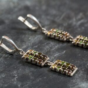Tourmaline Earrings, Yellow Tourmaline, Green Tourmaline, Long Earrings, Vintage Earrings, October Birthstone, Silver Earrings, Tourmaline
