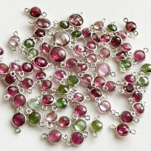 11-12mm Pink & Green Tourmaline Bezel Connectors, Tourmaline Faceted Round Both Side Cut 925 Silver Bezel Findings ( 5pcs To 10pcs Options)