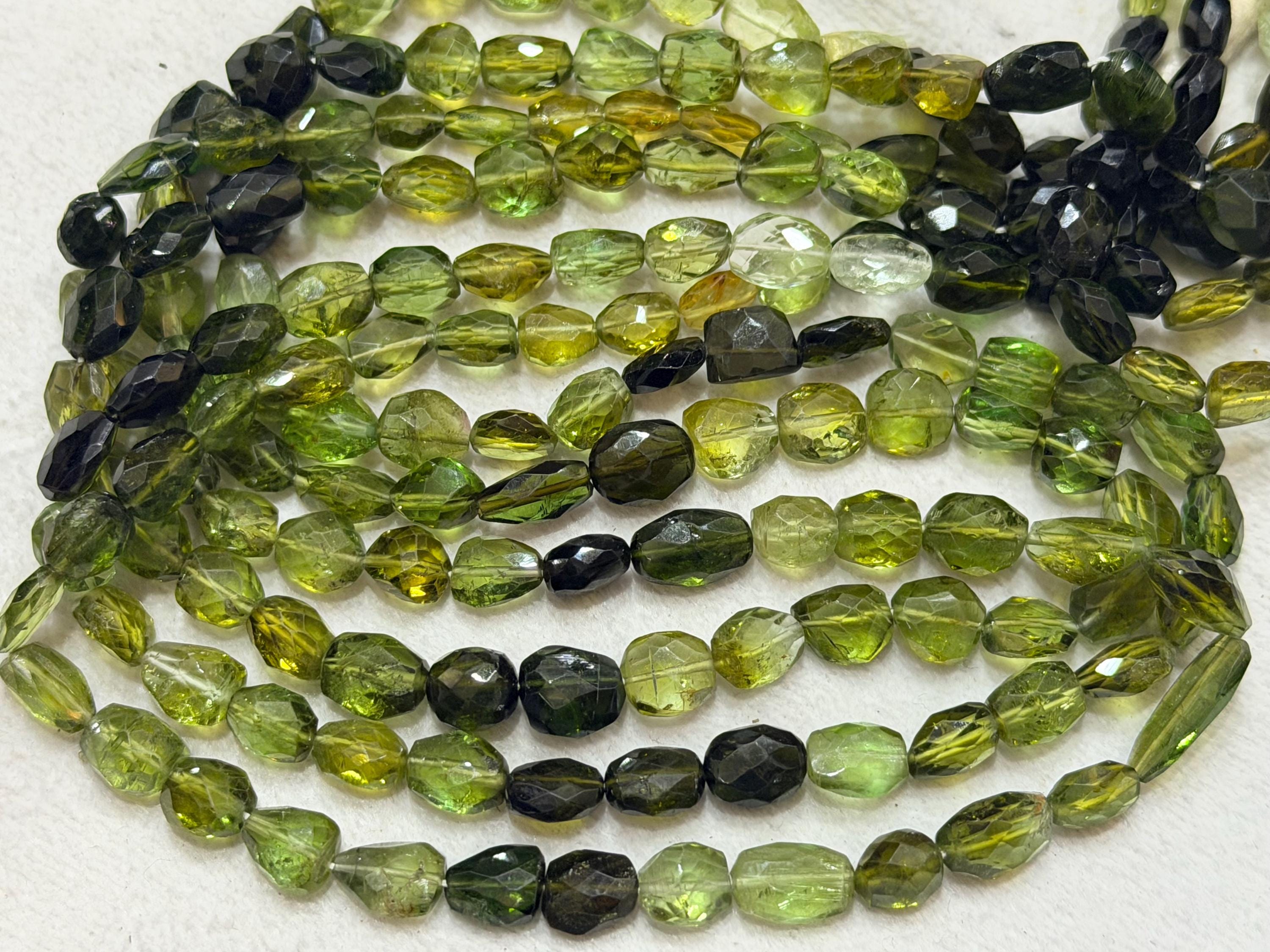 13 Inch Strand, Natural Green Tourmaline Faceted Oval Shaped Beads. 6-8mm