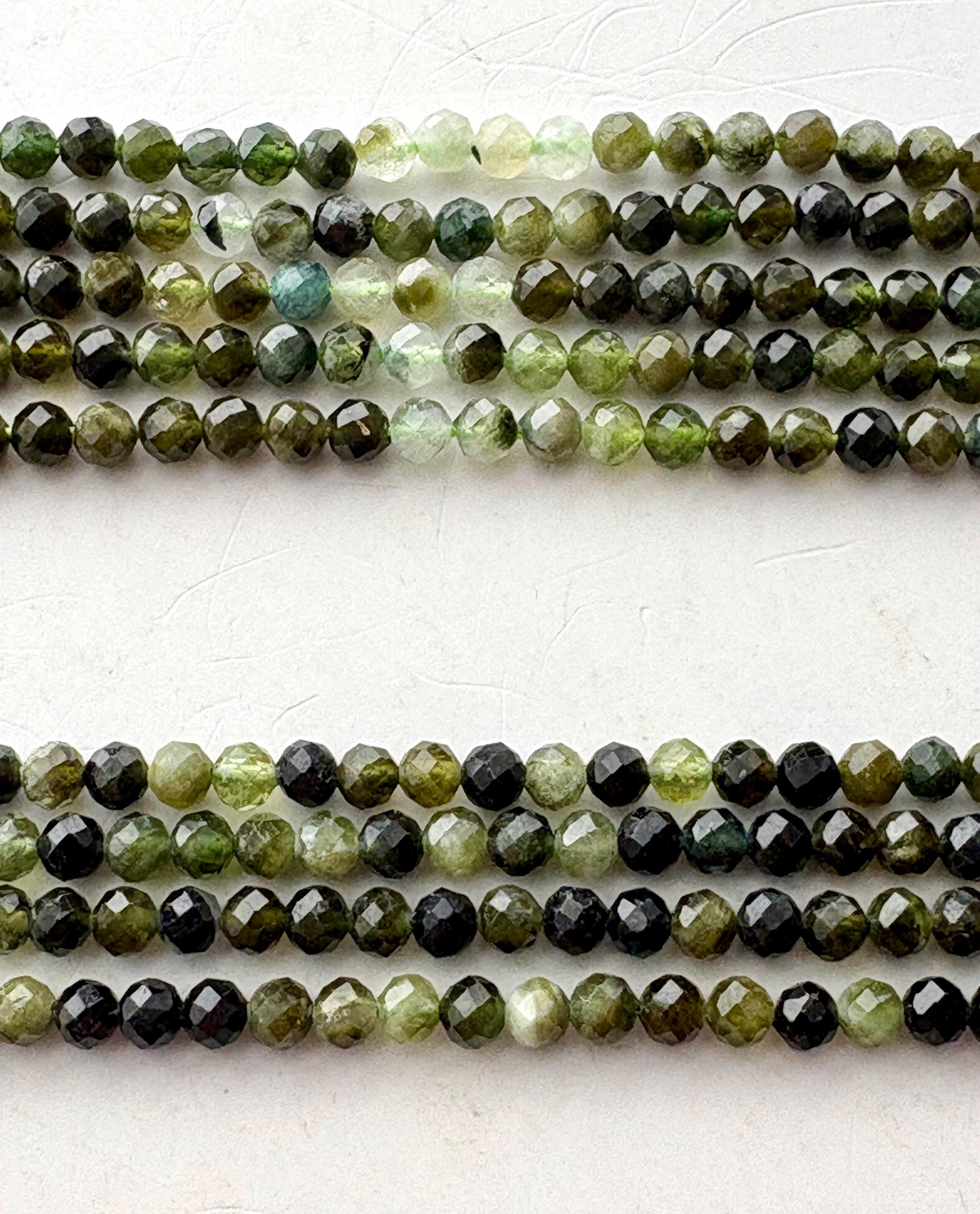 4mm Round Green Tourmaline Faceted Gemstone Beads.  15" Strands Of High Quality Mixed Green Beads.