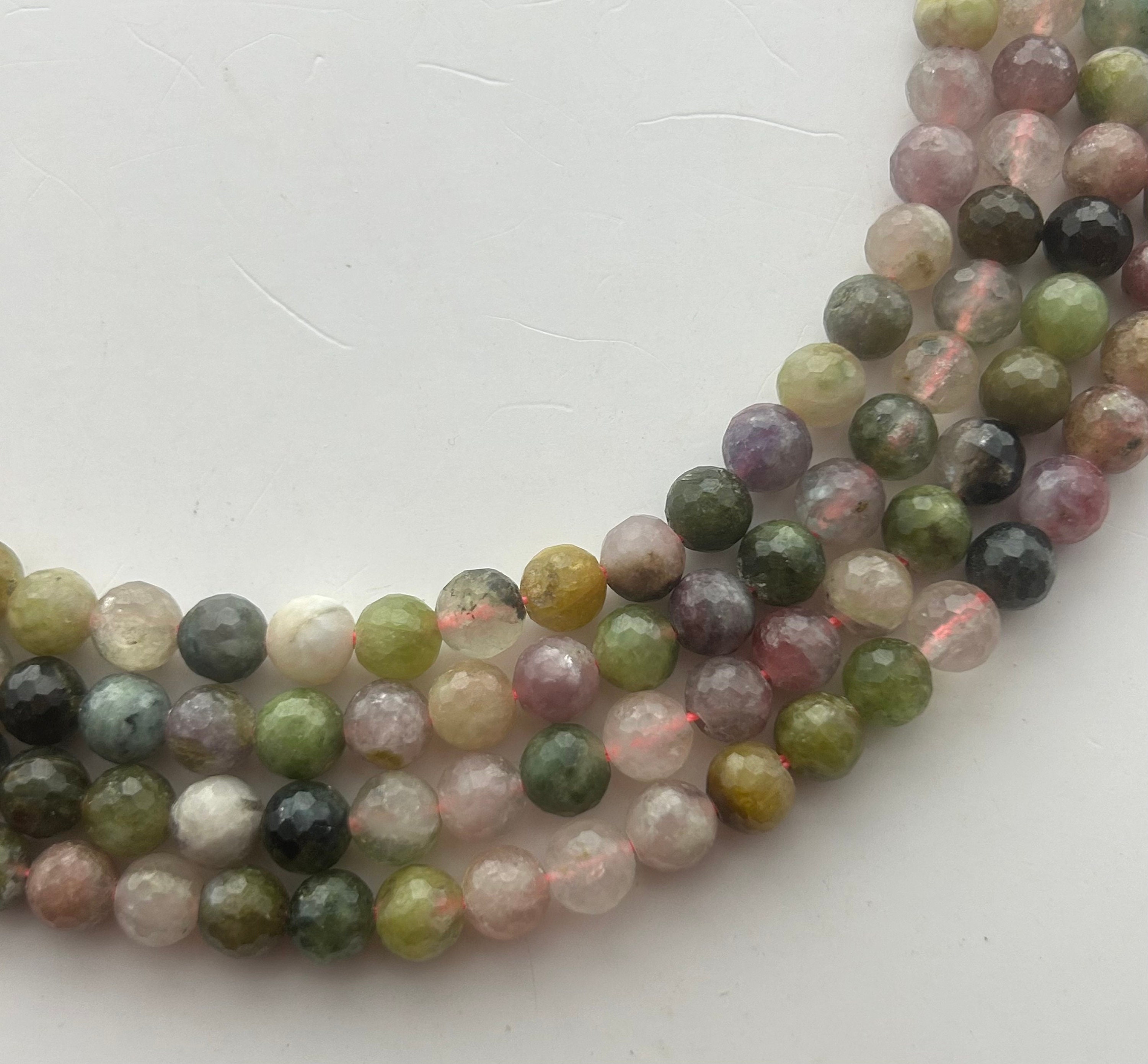 6mm Round Faceted Light Mixed Tourmaline Gemstone Beads. 15" Strand Of Light Pink And Green Tourmaline Beads, About 66 Per Strand.