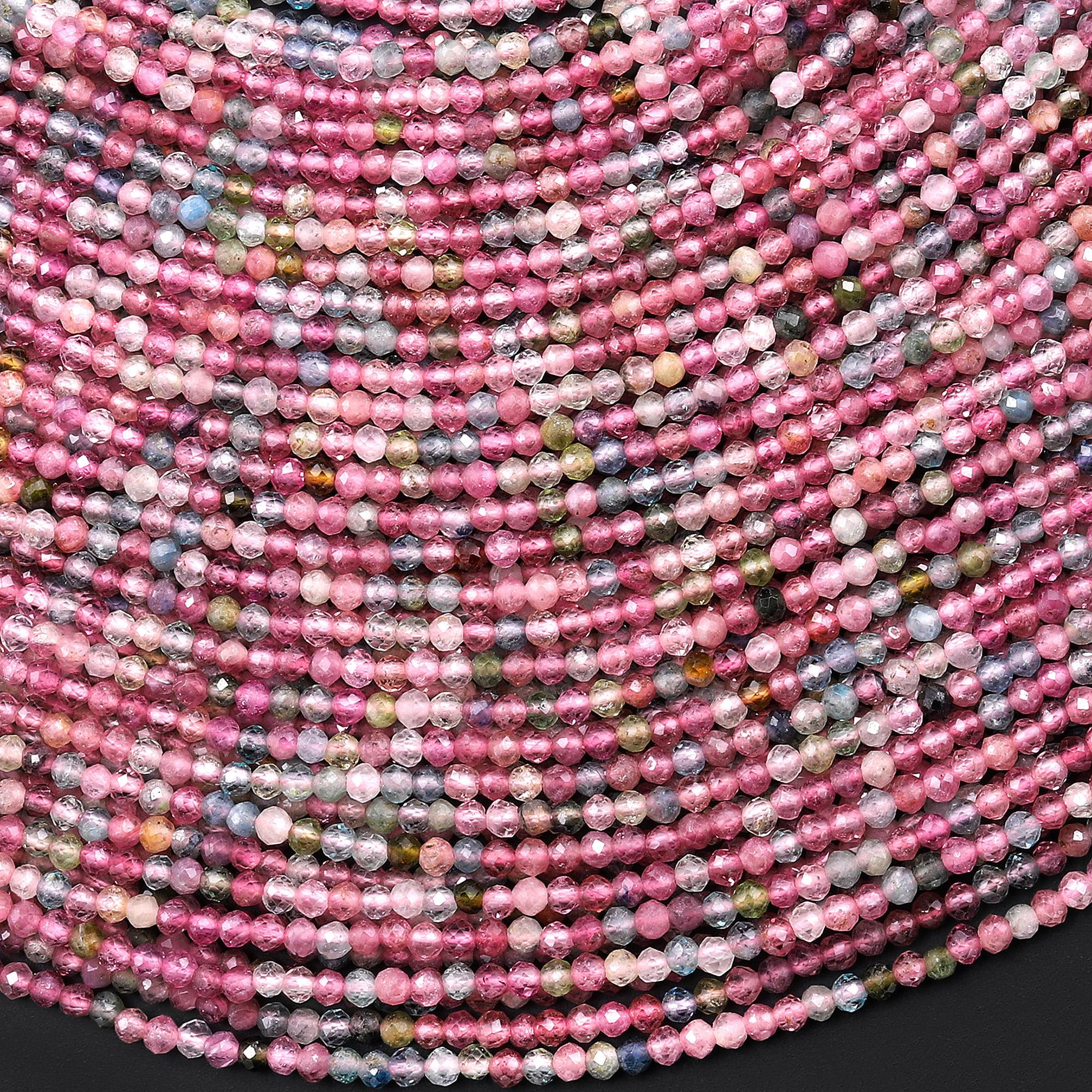 Aaa Faceted Natural Pastel Pink Green Tourmaline 2mm Round Beads Micro Diamond Cut Gemstone 15.5" Strand