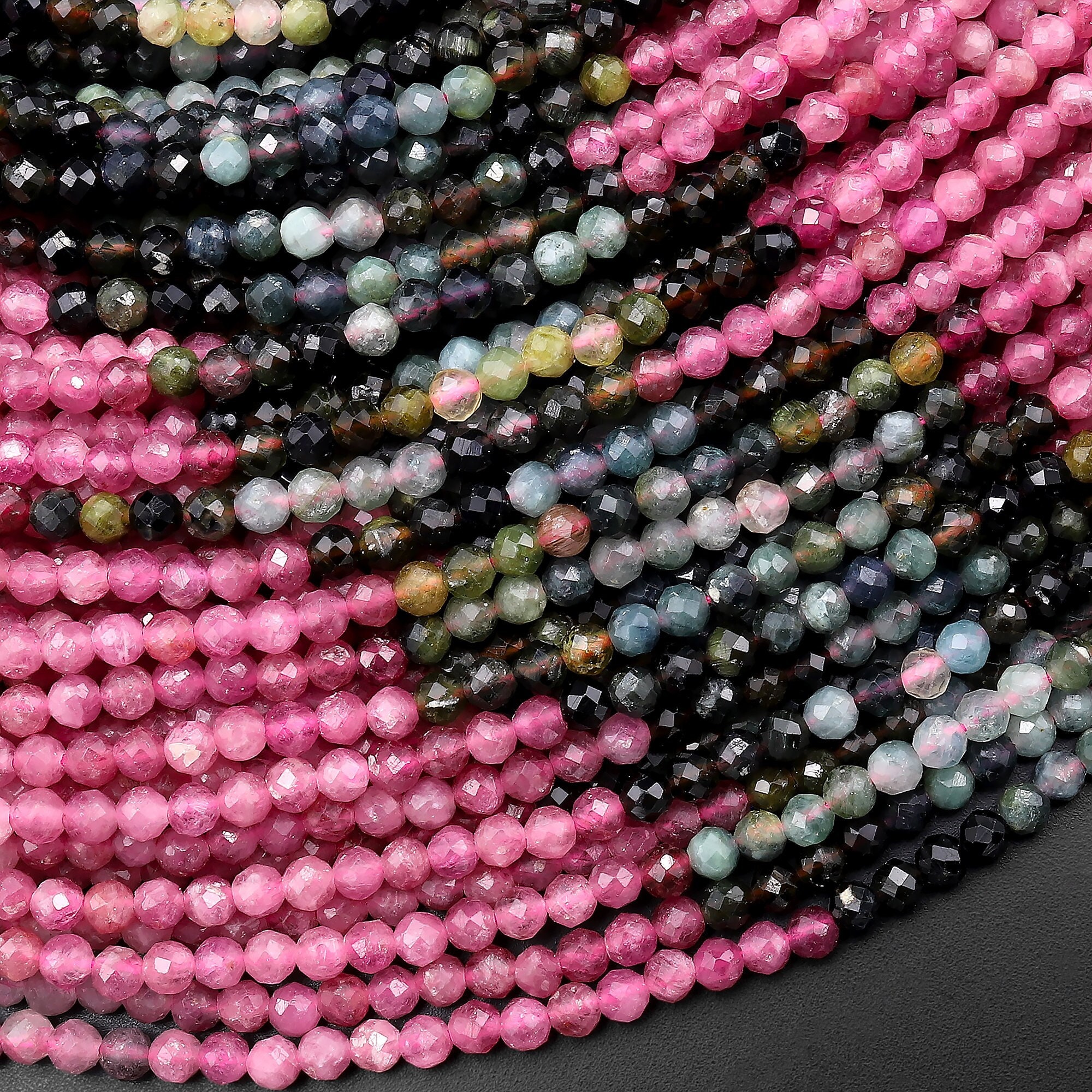 Micro Faceted Natural Pink Green Tourmaline Round Beads 3mm 15.5" Strand