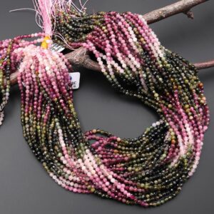 Natural Pink Green Tourmaline Faceted 3mm Round Beads Ombre Color Graduated Shades Gemstone  15.5" Strand
