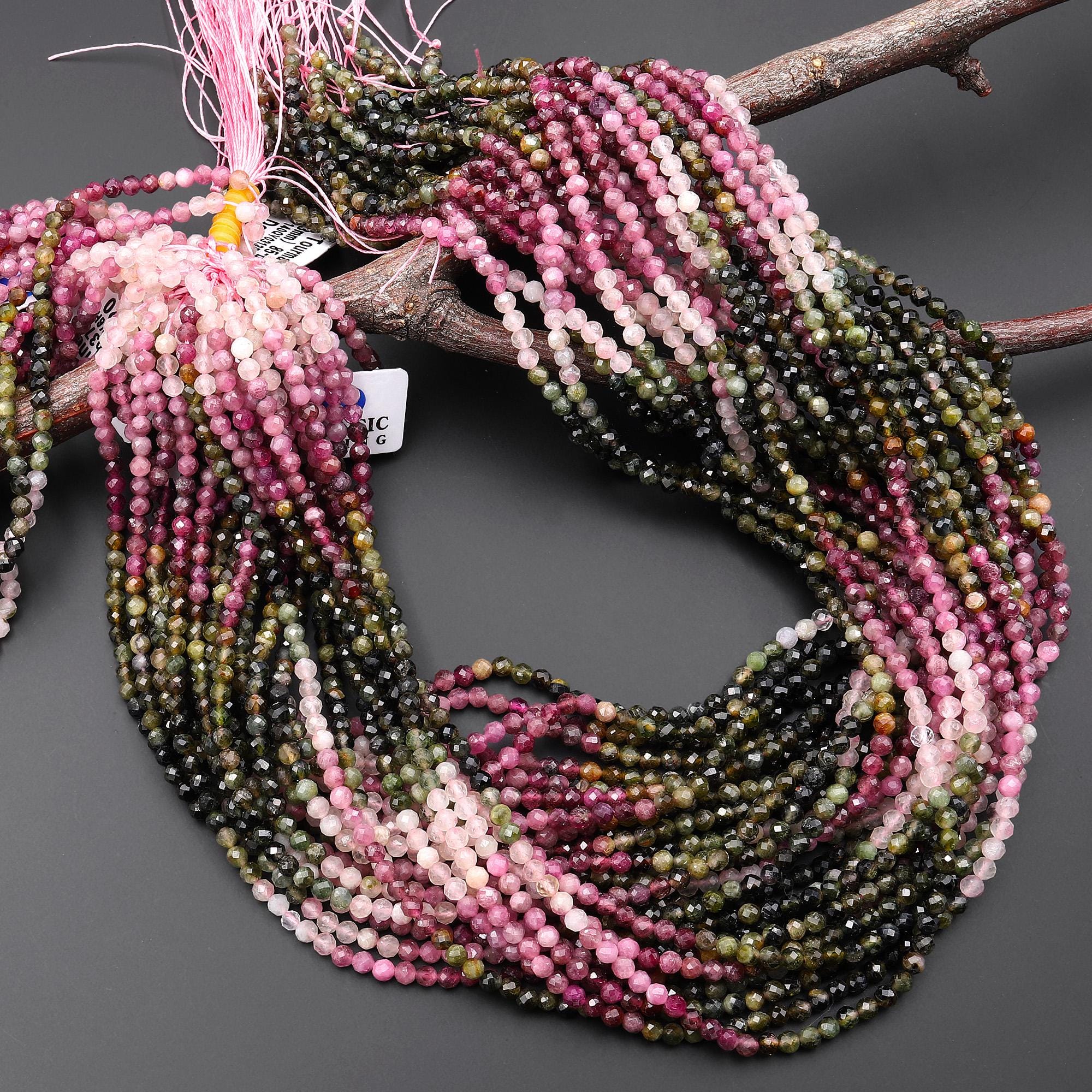 Natural Pink Green Tourmaline Faceted 3mm Round Beads Ombre Color Graduated Shades Gemstone  15.5" Strand
