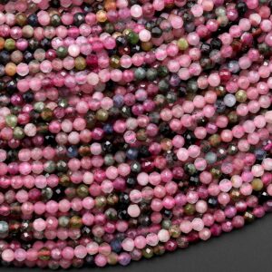 Faceted Natural Pink Green Tourmaline 2mm Round Beads Gemstone 15.5" Strand