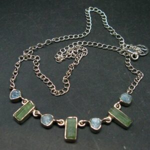 Green Tourmaline & Aquamarine Crystal Silver Necklace From Brazil - 18" - 9.05 Grams
