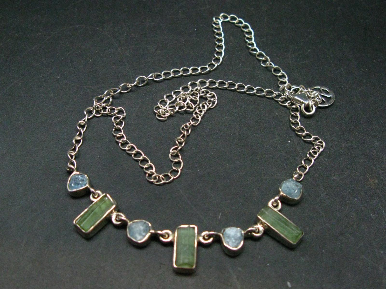 Green Tourmaline & Aquamarine Crystal Silver Necklace From Brazil - 18" - 9.05 Grams