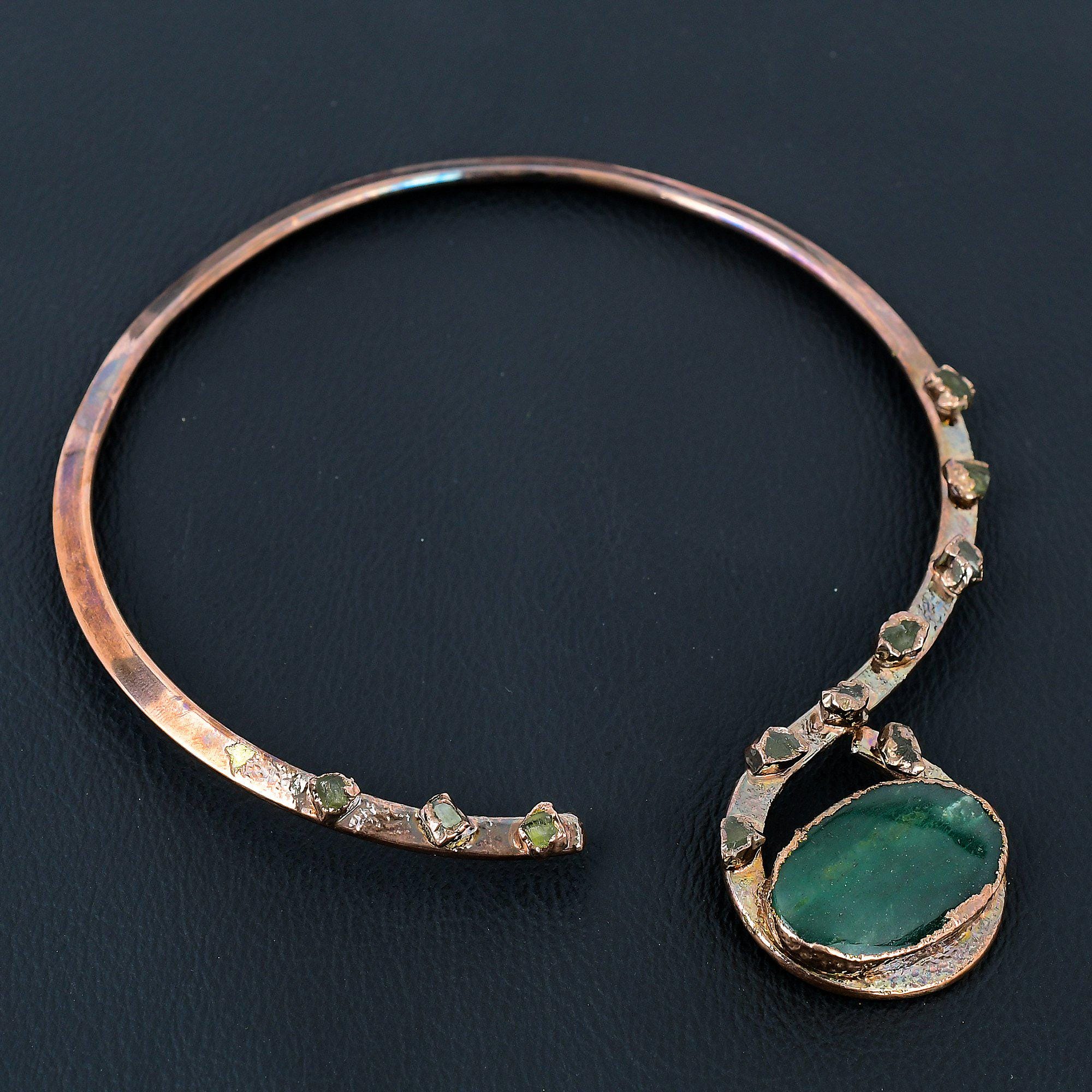 Handmade Electroformed Copper Necklace With Vasonite And Green Tourmaline Gemstones Handmade Electroformed Copper Necklace With Vasonite And Green Tourmaline Gemstones