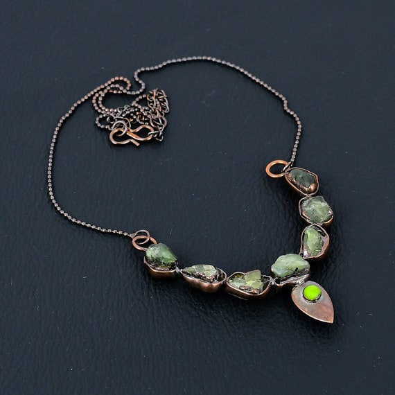 Handmade Green Tourmaline Rough Necklace: Electroformed Copper, Adjustable Chain Handmade Green Tourmaline Rough Necklace: Electroformed Copper, Adjustable Chain